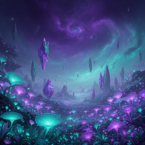 AI-generated cosmic landscape with bioluminescent flora